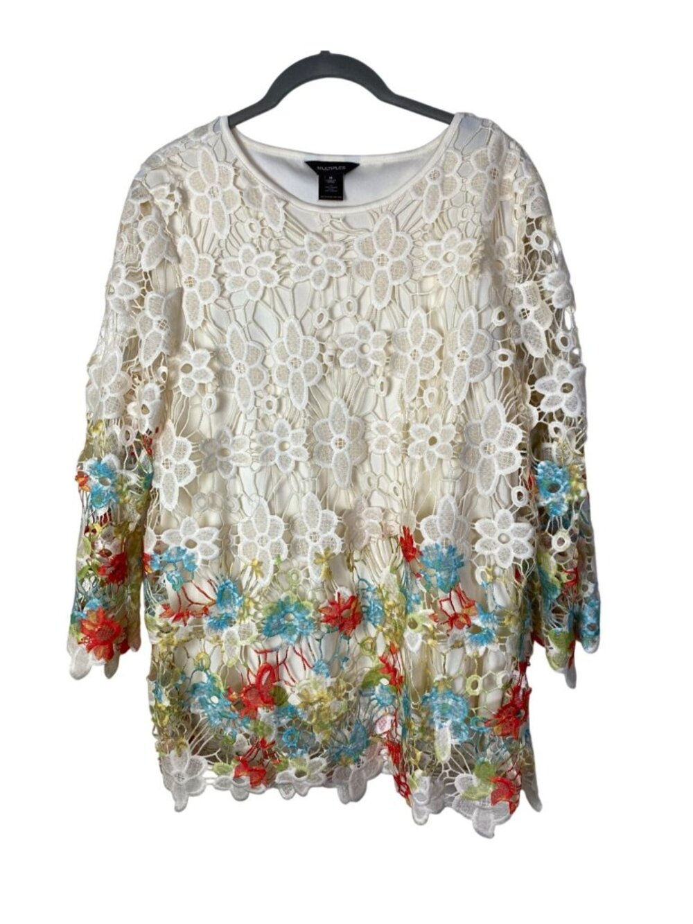 Multiples Floral Lace Overlay Top 3/4 Sleeves Lined Cream Size Medium Boho Artsy
